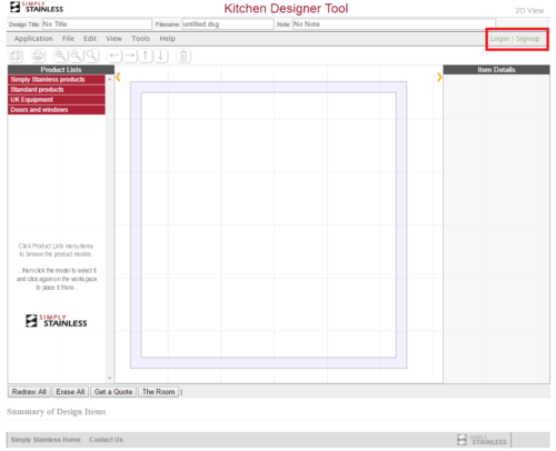 Kitchen designer tool user guide - create login screenshot